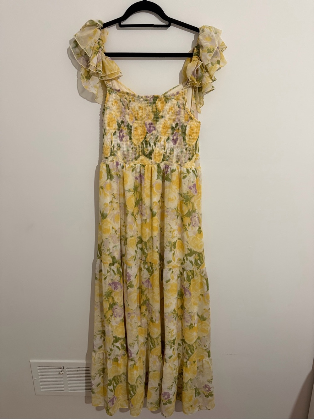 Yellow Floral Maxi Dress with Ruffle Shoulder Straps - Picture 3 of 4
